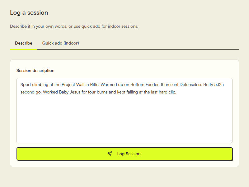 The SendSage session logger with a climbing session typed into the description box in plain language